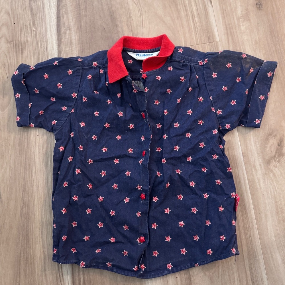 Vtg OshKosh B'gosh Kids Blue Red Star‎ Print Button Down Shirt Size 6  in USA t2
